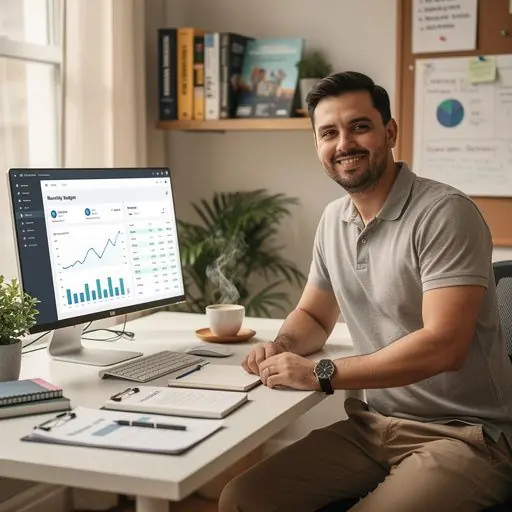 Kézzel írt kiadási lista egy asztalon, mellette egy bögre kávé és szemüveg.